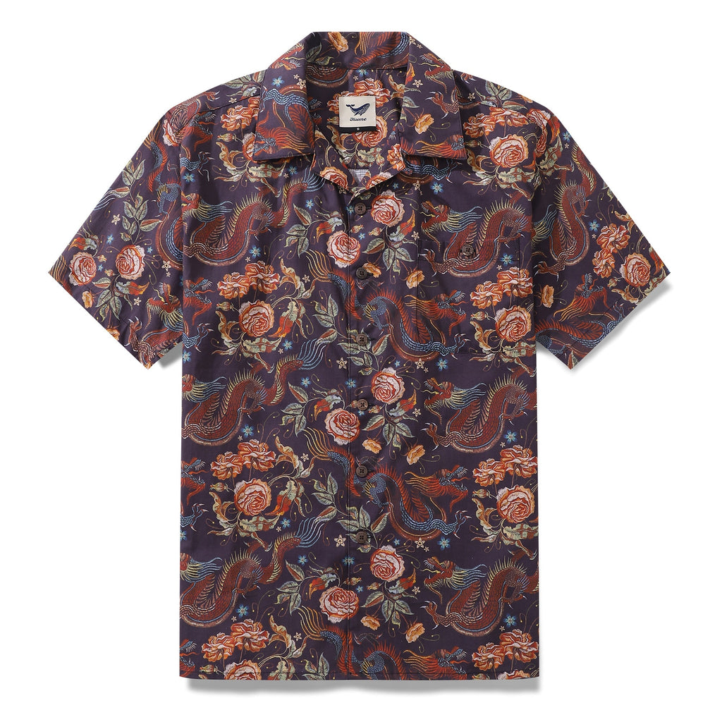Hawaiian Shirt For Men Embroidered Dragon Pattern Shirt Camp Collar 100% Cotton By Sun