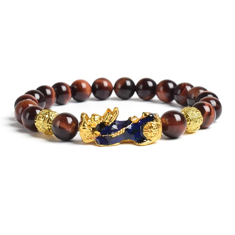 Pi Xiu Tiger Eye Stone Beads Bracelet Feng Shui Yellow Power Stone Women Men Elastic Jewelry Gold Color Pixiu Good Luck Bracelet