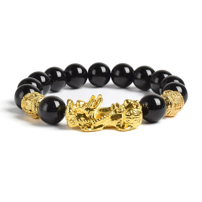 Pi Xiu Tiger Eye Stone Beads Bracelet Feng Shui Yellow Power Stone Women Men Elastic Jewelry Gold Color Pixiu Good Luck Bracelet
