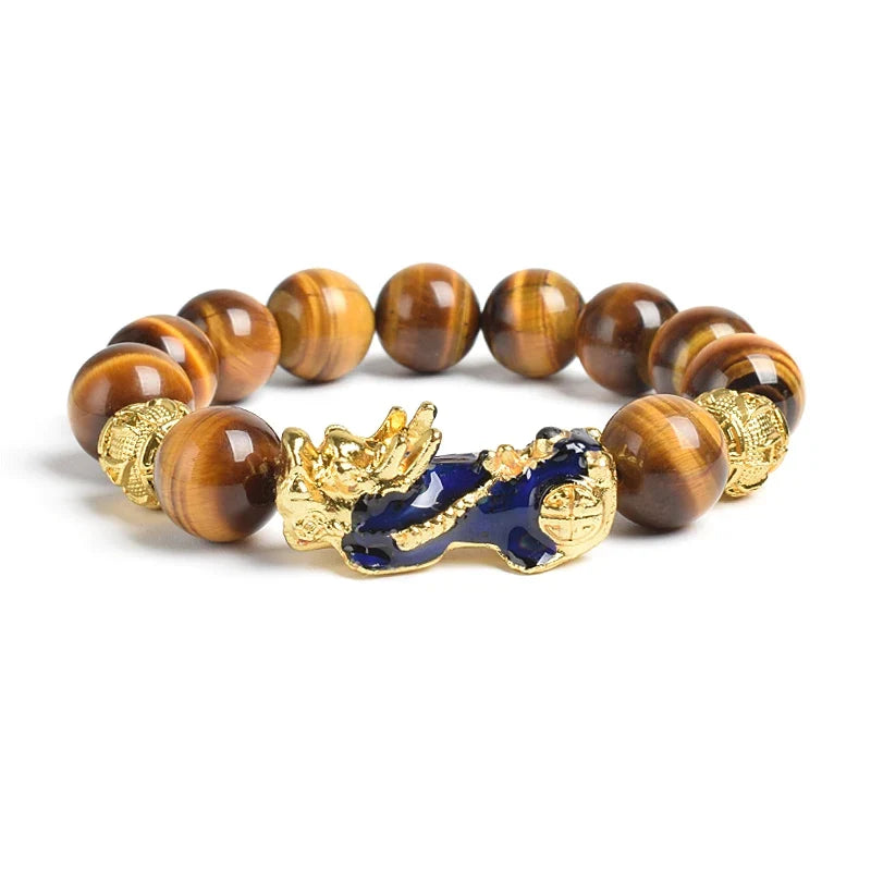 Pi Xiu Tiger Eye Stone Beads Bracelet Feng Shui Yellow Power Stone Women Men Elastic Jewelry Gold Color Pixiu Good Luck Bracelet