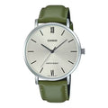 Casio Men’s Silver Dial Green Leather Watch - MTP-VT01L-3BUDF