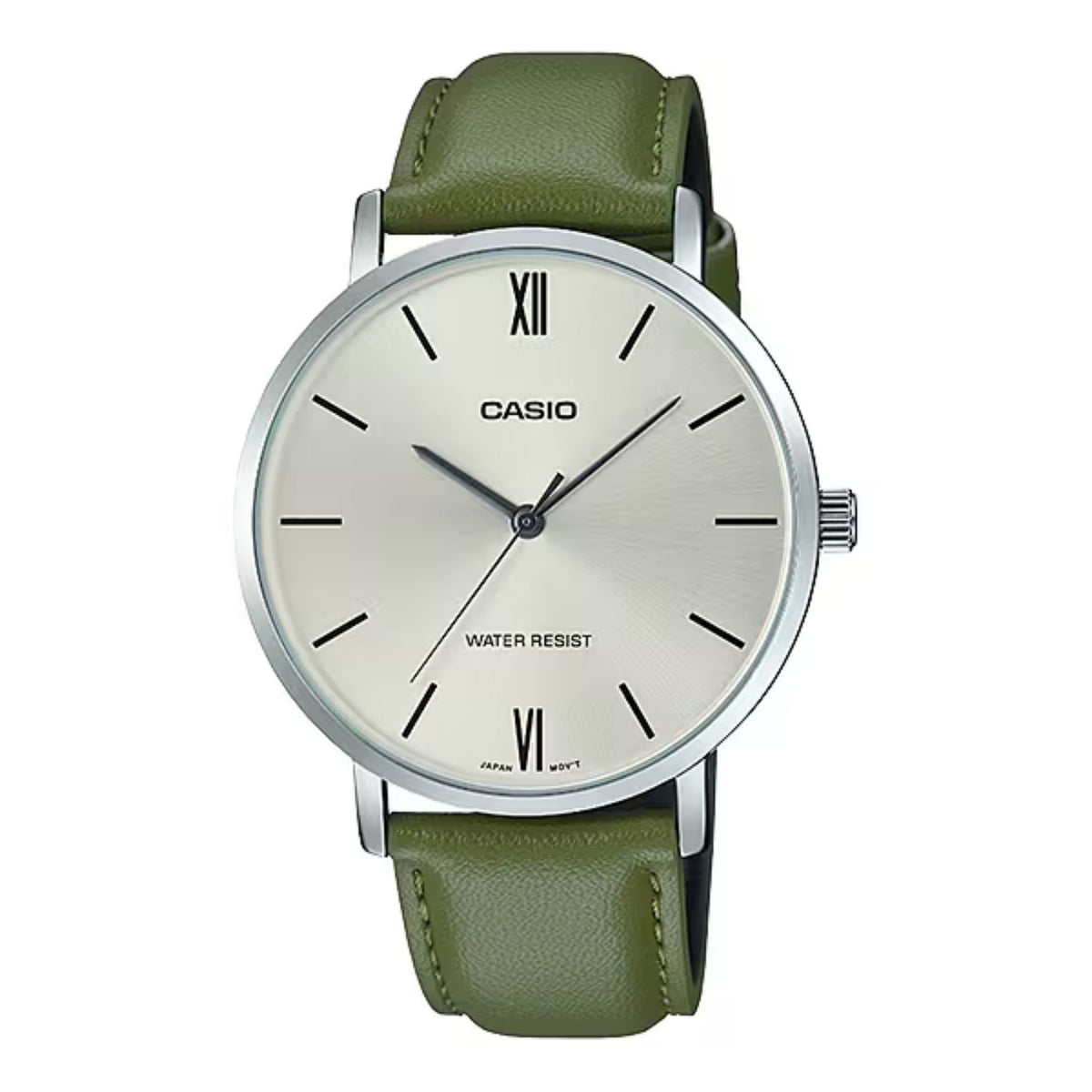 Casio Men’s Silver Dial Green Leather Watch - MTP-VT01L-3BUDF