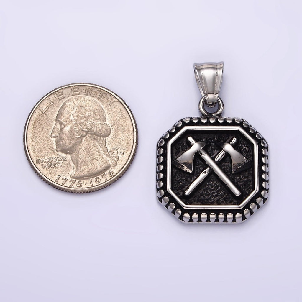 Stainless Steel 28.5mm Double Axe Weapon Hammered Dotted Hexagonal Pendant Men jewelry | P-843