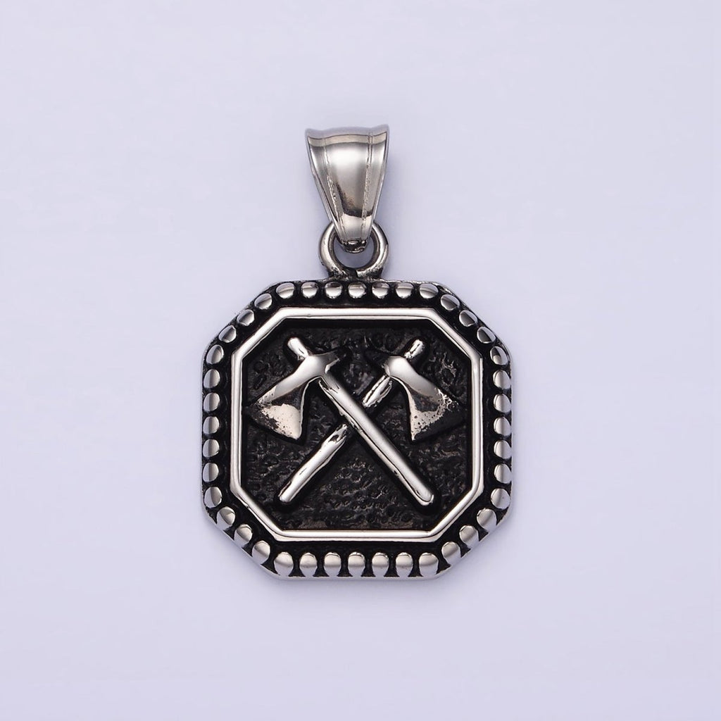 Stainless Steel 28.5mm Double Axe Weapon Hammered Dotted Hexagonal Pendant Men jewelry | P-843